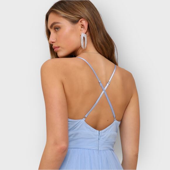 Lulus Charming Glamour Tulle Tiered Maxi Dress Large Light Blue Prom Formal Gown - Picture 8 of 12